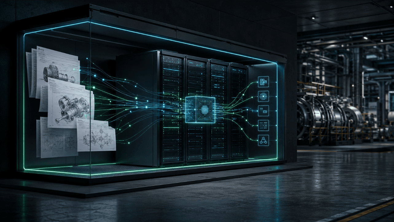 Isolated local server infrastructure processes technical manuals inside a manufacturing environment without public-cloud data flow