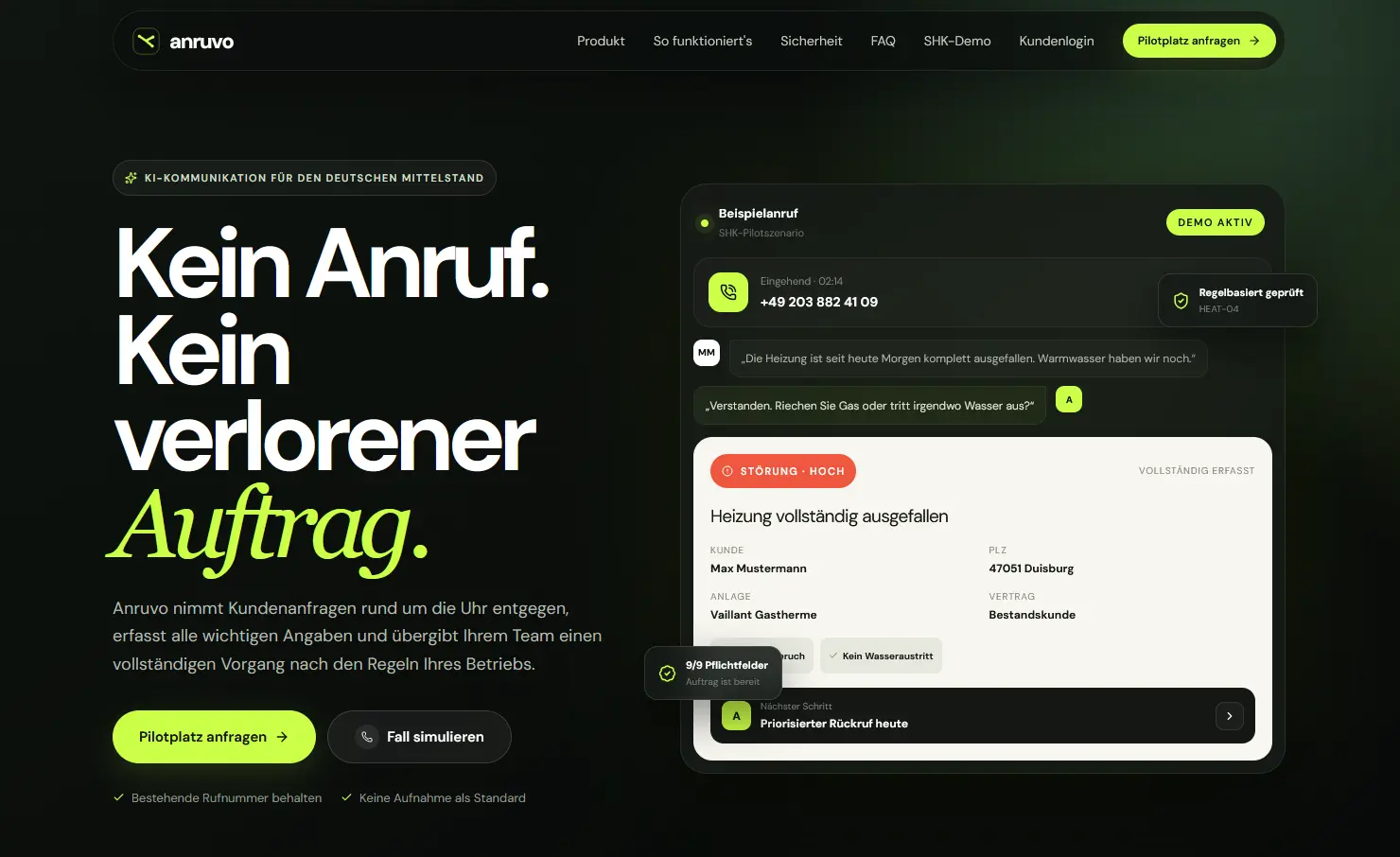 Anruvo KI-Anrufannahme und SHK-Vorgangsworkflow